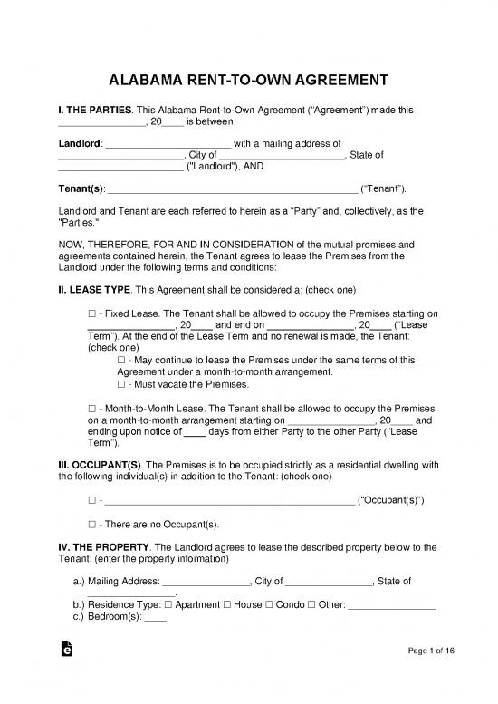 picture Lease Agreement Template 201564 | Alabama Lease To Own Option To Purchase Agreement