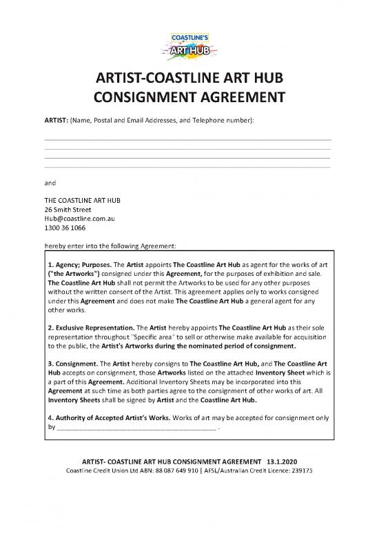 picture Agreement Sample 202590 | Artist Coasltine Art Hub Consignment Agreement