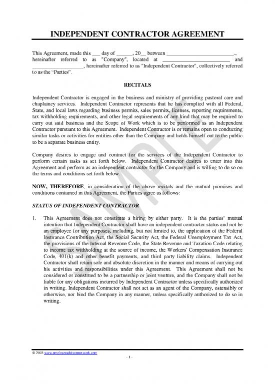picture Agreement Contract Sample 202621 | Chaplain Contractor Agreement Generic