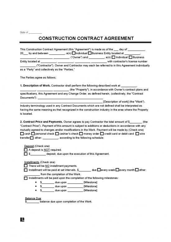 picture Agreement Contract Sample 201860 | Construction Contract Template