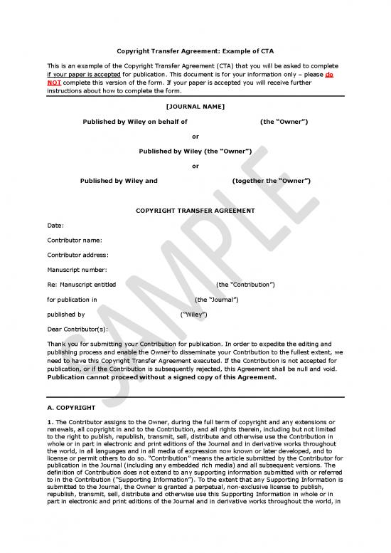 picture Agreement Form 201315 | Copyright Transfer Agreement Sample