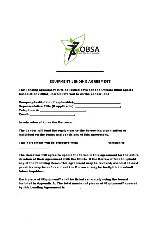 picture Agreement Sample 201341 | Equipment Lending Agreement
