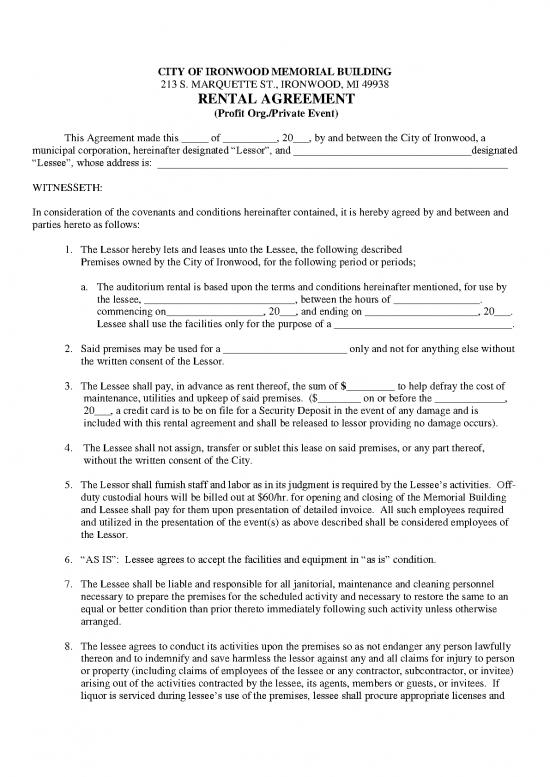 picture Rental Agreement Pdf 201782 | Fillable Auditorium Rental Agreement Profit Or Private Event