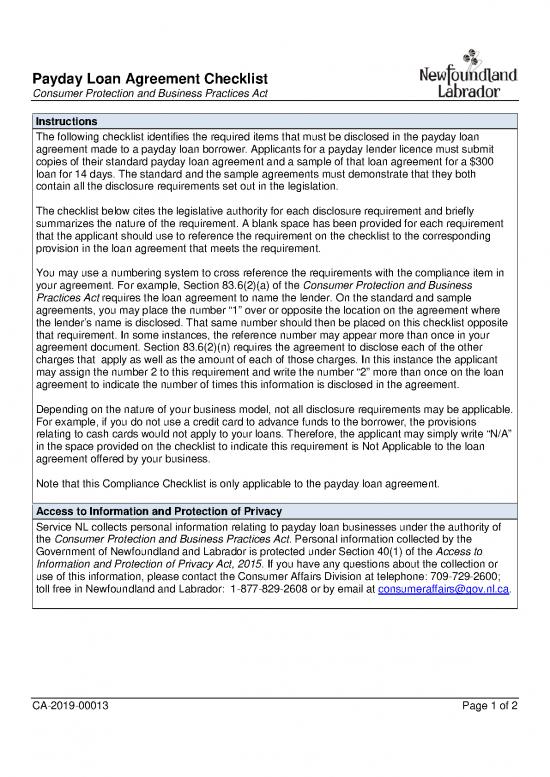 picture Loan Agreement Template 202882 | Licenses Paydayloanbusiness Pdf Paydayloan Business Agreement Checklist