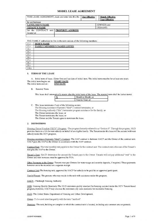picture Lease Agreement Template 201703 | Model Lease Agreement   Hcv