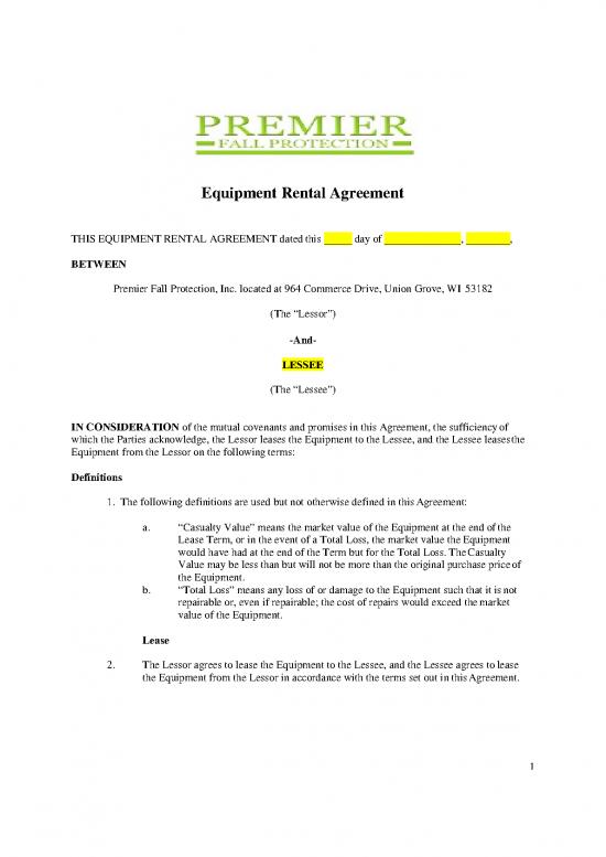 picture Lease Agreement Template 202051 | Premier Equipment Rental Agreement