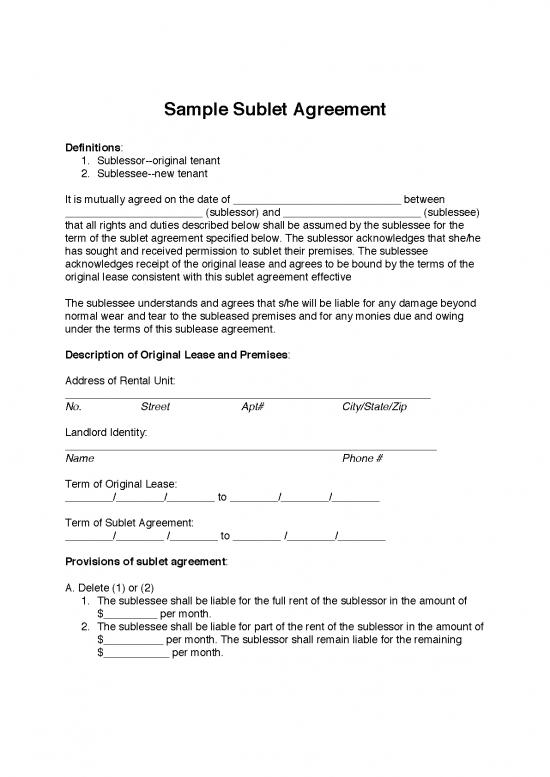 Lease Agreement Template 202159 | Sample Sublet Agreement