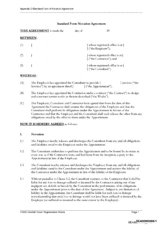 picture Agreement Contract Sample 201311 | Sea00009906 Studio E Architects Limited Document Entitled  Appendix D   Standard Form Of Novation Agreement