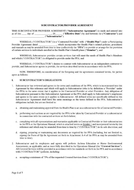 picture Agreement Contract Sample 201276 | Subcontractor Provider Agreement