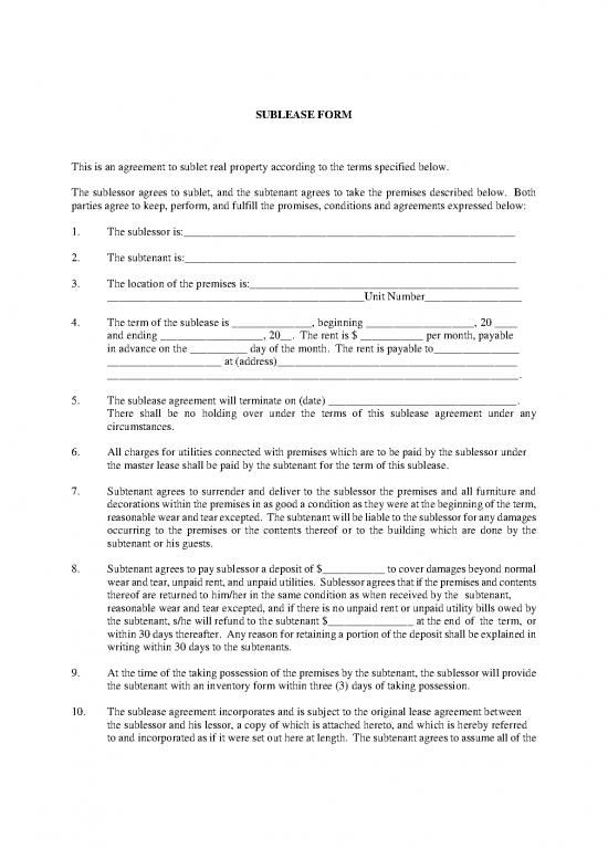 picture Lease Agreement Template 201347 | Sublease Form