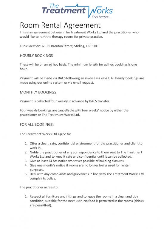 Rental Agreement Pdf 202250 | The Treatment Works Ltd Room Rental Agreement