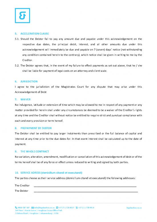 Agreement sample 203156 acknowledgement of debt