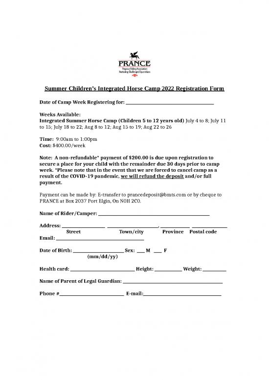 picture Camp Registration Form Id 23812 | 2022 Summer Camp Registration Form
