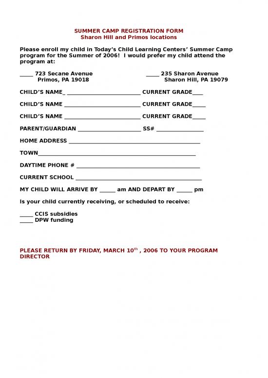 picture Camp Registration Form Id 23820 | Summer Camp Registration   Primos Sharon Hill