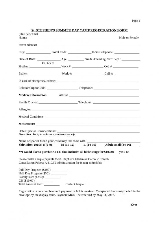 picture Camp Registration Form Id 23815 | Summer Camp Registration Form