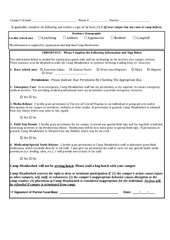 Camp Registration Form Id 23688 Camper Application 2019